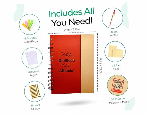 Gratitude Attitude Journal with Meditation Music, Pen, Pad, Sticky Notes, Color Tabs & Prompt Stickers. A self care gift to encourage positive thoughts, and mental wellness. (Red, Unisex) - color: Red