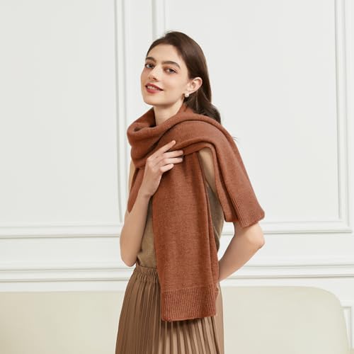 BRYCTSISEN Women's Lightweight Wool Shawl Wrap Scarf with Sleeves Outer Warm Knitted Open Front Poncho Cape Fall Winter - color: Caramel