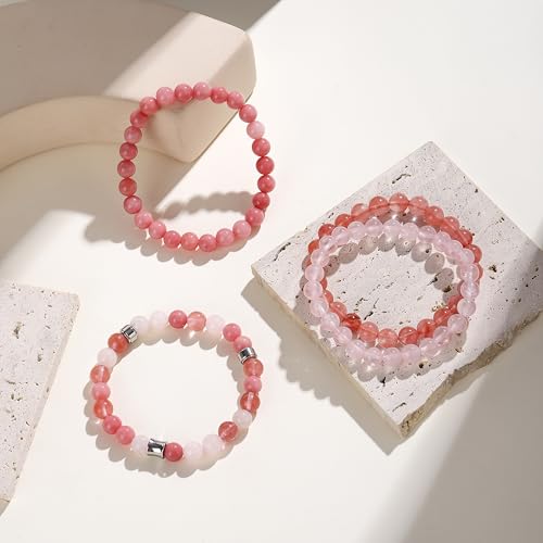 Fengling 4 PCS Beaded Crystal Bracelet for Women 8mm Natural Gemstones Handmade Bracelet for Girls Healing Stretch Bracelets Crystal Jewelry for Women Gifts - color: Pink Crystal&Watermelon crysta&Rose Quartz