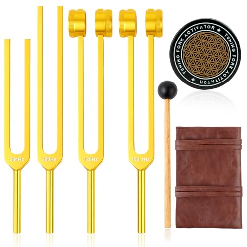 Tuning Forks for Healing Set (Gold) – Includes 128Hz, 136Hz, 256Hz, 384Hz & Activator, Portable in Red Leather Pouch – Medical Grade Sound Healing Instruments for Chakra, Yoga, and Meditation - color: Gold, size: Tuning Fork 4set