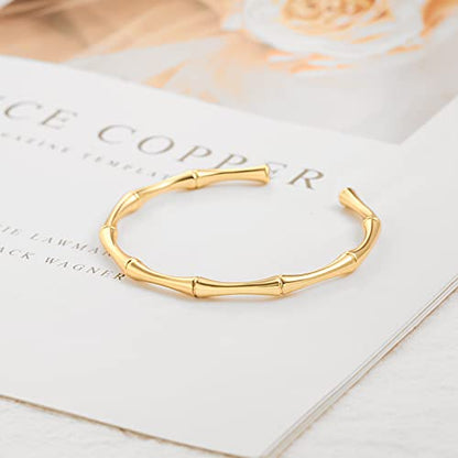 POTESSA 18K Gold Plated Cuff Bracelets Adjustable Dainty Bangle Handemade Jewelry for Women - style: Bamboo