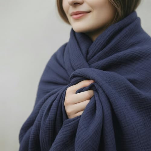 4-Layer Muslin Cotton Queen Bed Blanket (90 x 90 inches) – Ultra Soft Breathable Gauze, Lightweight All-Season Cozy Blanket, Machine Washable – Navy - color: Navy, size: Queen (90 x 90 inches)