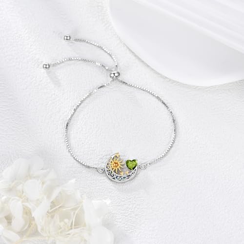 925 Sterling Silver Moon and Sun Star Adjustable Link Bracelet for Women with 12 Month Birthstone Birthday Jewelry - style: 08 - Aug.