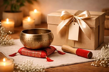 Tibetan Singing Bowl Set with Cushion & Mallet – Handmade Meditation Sound Bowl for Yoga, Healing, Mindfulness & Chakra Balancing (Brass, 5 Inch)
