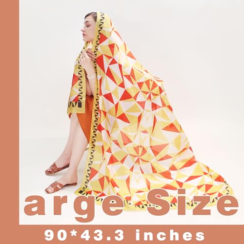 100% Mulberry Extra Large Silk Pashmina Scarf Shawls And Wraps For Women Evening Dress Summer Travel Floral Blanket - color: Orange Geo Muse