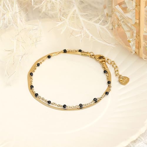 Made by Nami Dainty Gold Link Bracelets for Women Adjustable Double Layered Gold Chain Bracelet with Colorful Beads 7.5" + 2" Chain Extension - color: Black