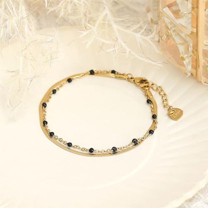 Made by Nami Dainty Gold Link Bracelets for Women Adjustable Double Layered Gold Chain Bracelet with Colorful Beads 7.5" + 2" Chain Extension - color: Black