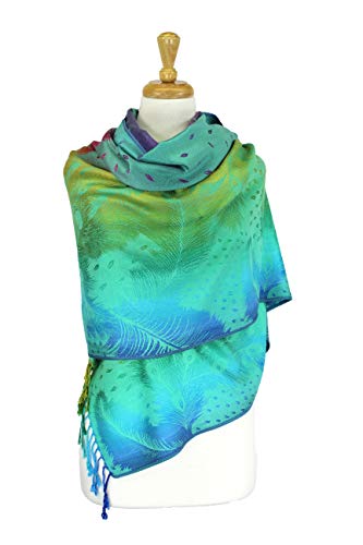 PASKMLNA Double Side Multi Colors Silky Tropical Colorful Exotic Pashmina Wrap Shawl Scarf Rave - color: 050-green Multi Feathers