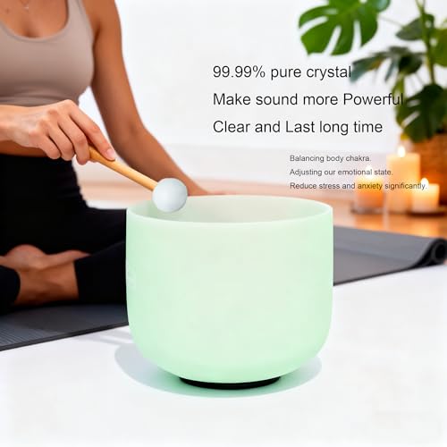 Hye-eun 432hz Crystal Singing Bowl Set of 7 Mint Green Frosted Quartz Chakra Sound Bowl with 2 Pcs Carry Case Bag for Cleansing Stress Relief- Spiritual Mindfulness - color: 7-12 Inch 432hz Mint green 7pcs