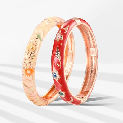 UJOY Classic Cloisonne Bracelets Enamel Jewelry Plated Bamboo Flower Cuff Metal Bangle for Women Gift Box - color: A81-Flower-Red and Yellow