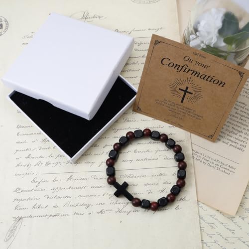MILAKOO Wooden Bracelet with Black Stainless Steel Cross Charms Bead Christian Gifts for Women Men - color: A3