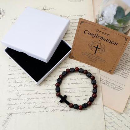 MILAKOO Wooden Bracelet with Black Stainless Steel Cross Charms Bead Christian Gifts for Women Men - color: A3