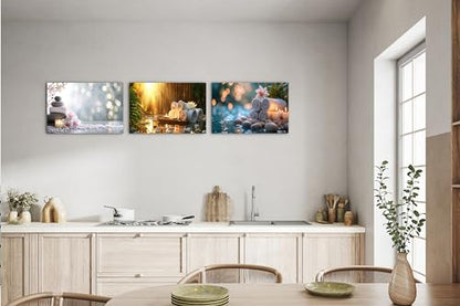 3 Pieces Zen Wall Art, Zen Stone Candle White Orchid Flower Pictures, Abstract Relax Calm Spa Paintings, Framed Zen Themed Canvas Prints Wall Decor for Living Room Bedroom Wall Home Office Artw