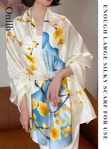 Large Shawl Scarf For Women Lightweight Wraps Silky Headscarf Long Sunscreen Scarfs - color: T2 White Blue Flower / 70"x 35"