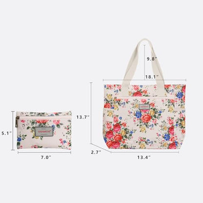 GAENMESN Women's Lightweight Waterproof Tote Bag Durable Designer Handbag with Zipper Travel Commute Everyday Use - color: Beige Flower