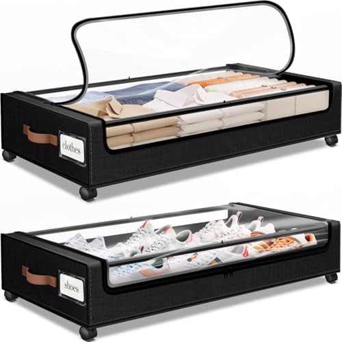 SpaceHacks Under Bed Storage with Wheels 2Pack Storage Containers with Clear Window&Label Under Bed Drawers Rolling Under Bed Storage for Clothes,Shoes, Blankets (30.71 x 16.93 x 6.69 in, Black) - color: Black, size: 2 pack