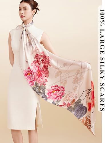 Large Shawl Scarf For Women Lightweight Wraps Silky Headscarf Long Sunscreen Scarfs - color: T28 Purple-pink Flowers / 70"x 35"