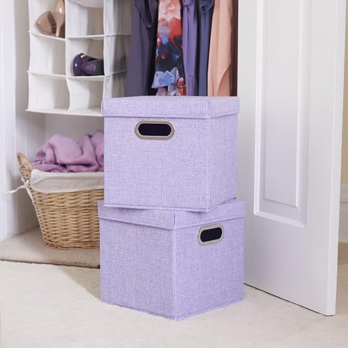 Household Essentials 814-1 Café Cube Bin Storage Set with Lids and Handles | 2 Pack, Purple Linen - color: Purple