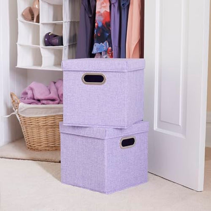 Household Essentials 814-1 Café Cube Bin Storage Set with Lids and Handles | 2 Pack, Purple Linen - color: Purple