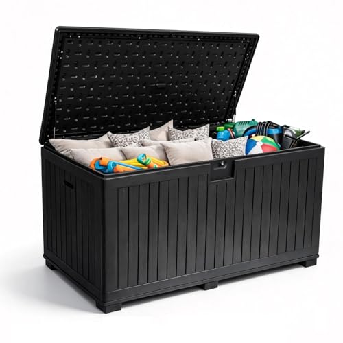 320 Gallon Deck Box with 6 Waterproof Foot Pads, Resin Storage Box Weatherproof, Plastic Cushion Container with Lock and Lids for Pool Equipment, Black - color: Black(320 Gal)