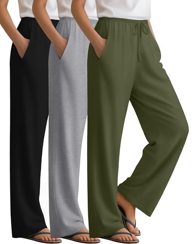 3 Pack Women's Lounge Pants Cozy Wide Leg Yoga Pants Casual Drawstring Loose Baggy Sweatpants with Pockets - color: Black, Light Heather Gray, Army Green, size: Medium