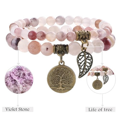 Bivei Natural Semi Precious Gemstone beads bracelet for women - Life Tree and Leaf Charm Energy Reiki Crystal Stretch Bracelets - color: Violet Stone Bracelet Set, size: Medium:6.8-7.24inch