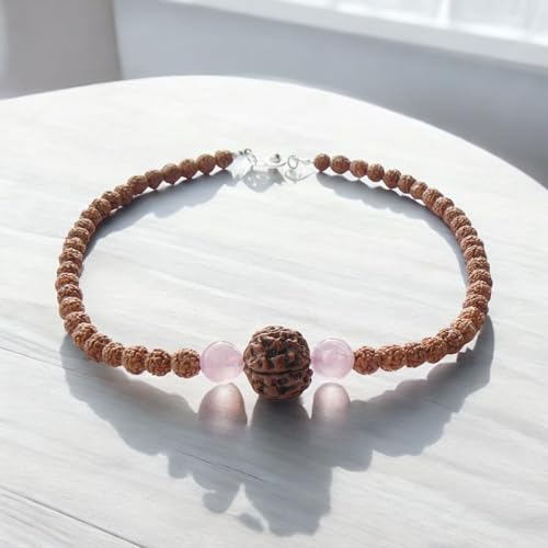 Rudraksha Necklace for Women, Shakti Healing Mala HANDMADE, Real 5 Mukhi Rudraksh Mala Beads, Rose Quartz Crystals, Heart Chakra Jewelry, Hindu Spiritual Gift for Her, Kundalini Yoga