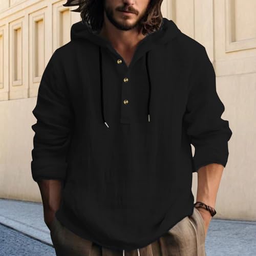Mens Pullover Hoodie Linen Long Sleeve 4 Button Drawstring Causal Loose Lightweight Summer Beach Top - color: 2-black, size: Medium