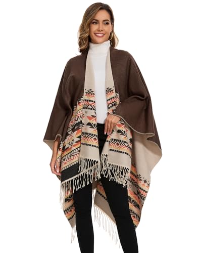 Shawl Wraps for Women, Elegant Knitted Cape Open Front Poncho Scarf Blanket Cardigan Coat for Spring, Autumn, and Winter - color: Brown Beige