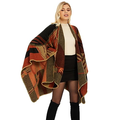 Shawl Wraps for Women, Elegant Knitted Cape Open Front Poncho Scarf Blanket Cardigan Coat for Spring, Autumn, and Winter - color: Orange Black