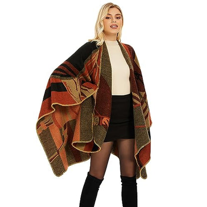 Shawl Wraps for Women, Elegant Knitted Cape Open Front Poncho Scarf Blanket Cardigan Coat for Spring, Autumn, and Winter - color: Orange Black