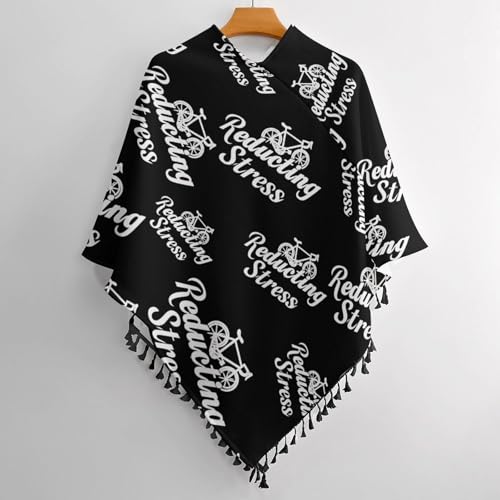 Weapon of Stress Reduction Biking Shawl Wraps for Women Printed Tassel Ponchos Oversized Soft Cape Sweater - color: Black-style