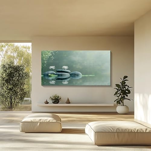 Iallbin Zen Stone Wall Art & Zen Wall Decor, Tranquil misty pond two white lotus flowers -for Yoga Meditation Room, Spa & Bathroom, Green Serenity Art Deco Style, Ready to Hang, 58x29 Inches - color: Green Serenity, size: 58L" x 29W"