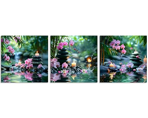 TutuBeer 3 Pcs Zen Wall Art Zen Pictures for Bathroom Bamboo Pink Flower Spa Stone with Candles Picture Print on Canvas Zen Wall Art for Office for Home Decor Wall Decor Stretched and Framed 12x12inch