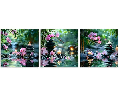 TutuBeer 3 Pcs Zen Wall Art Zen Pictures for Bathroom Bamboo Pink Flower Spa Stone with Candles Picture Print on Canvas Zen Wall Art for Office for Home Decor Wall Decor Stretched and Framed 12x12inch