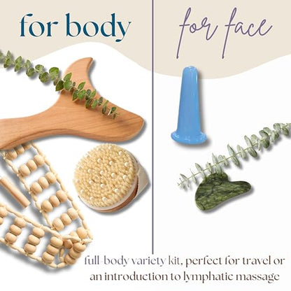 Abundantly Made Co. 7-Piece Lymphatic Drainage Massage Kit | Dry Brush, Wooden Paddle, Rope Roller, Jade Gua Sha, Silicone Cup, Linen Bag & E-Book | Wood Therapy, Maderoterapia & Body Sculpting Tools