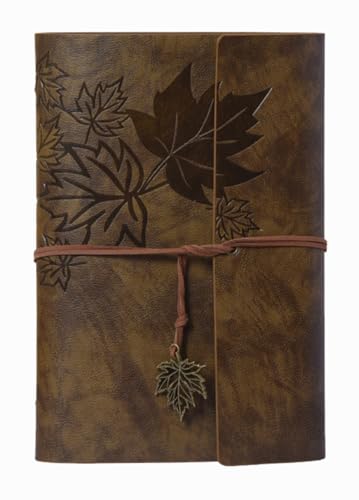 Journal Notebook for Women Men, Brown Leather Sketchbook Classic Spiral Bound Notebook with Unlined Kraft Paper Refillable Diary Travel Journals for Writing Ideal Gifts(Leaves,A5/DarkBrown)
