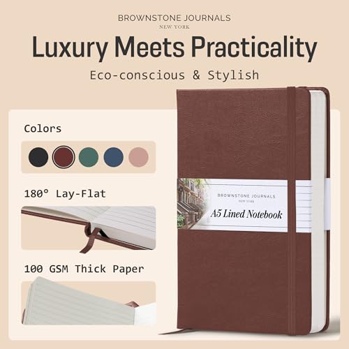 BROWNSTONE JOURNALS A5 Hardcover Lined Journal 5"x8" - Notebook for Work & Writing, 160 Pages Thick 100 GSM Paper, Lay Flat Binding, Elastic Band, Ribbon Bookmark (Chestnut Brown) - color: Chestnut Brown