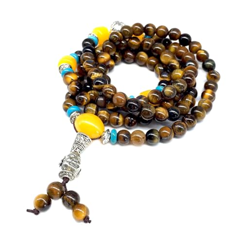 Mala Prayer Beads - Mala Necklace - Tibetan Mala Prayer Beads Meditation Beads Yoga Necklace - color: Natural Tiger Eye Stone - 6 mm - 108 Small Beads