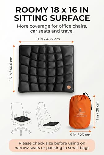 Inflatable Travel Seat Cushion with Built‑in Manual Pump, Adjustable Firmness & Compact Storage –Firm Support for Airplane, Car & Office Chairs, Large Generous Fit 18x16x2.1", Carry Bag Included