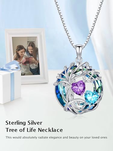 TOUPOP s925 Sterling Silver Family Celtic Tree of Life Pendant Necklaces with 2 Heart Birthstone with Blue Austrian Crystal Jewelry Birthday Valentines Day Gifts for Her, Anniversary Christmas Gifts for Wife Girlfriend Mom (18K Real White Gold Filled) - c