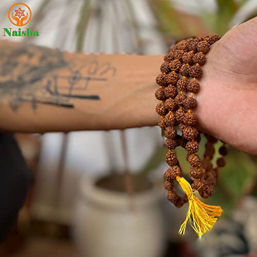 NAISHA Rudraksha Stretchable Bracelet & Rudraksha Mala 108+1 Beads Necklace 5 mukhi Paanch mukhi 5 face, Prayer Beads, Wrist Mala Wrap, Jaap Mala, Bracelet Bead Size 7 mm (Pack of 2)