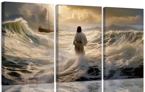 3Pcs Jesus Walking On Water Canvas Wall Art Christian Bible Stories Painting Picture Wall Decor Religious Spirit Faith Poster Print Artwork For Living Room Bedroom Church Ready To Hang - color: Canvas, size: 16"L x 12"W