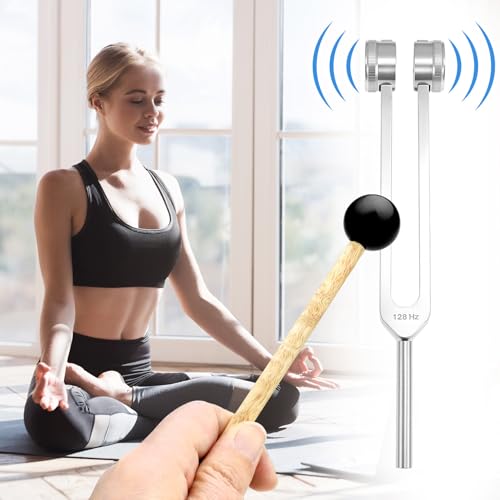 QWORK Tuning Fork 128Hz with Mallet, Stress Relief & Relaxation Chakra Set, Sensory Tuning Fork Activator for Music & Health