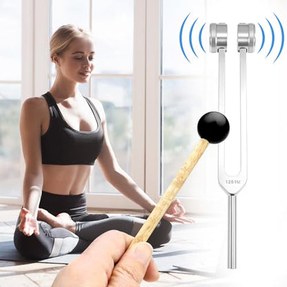 QWORK Tuning Fork 128Hz with Mallet, Stress Relief & Relaxation Chakra Set, Sensory Tuning Fork Activator for Music & Health