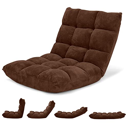 Giantex Folding Sofa Chair with 14 Adjustable Positions, Padded Sleeper Bed, Couch Recliner, Gaming Floor Chair for Adults (Brown) - color: Brown, size: 26.5"x22.5"x22"