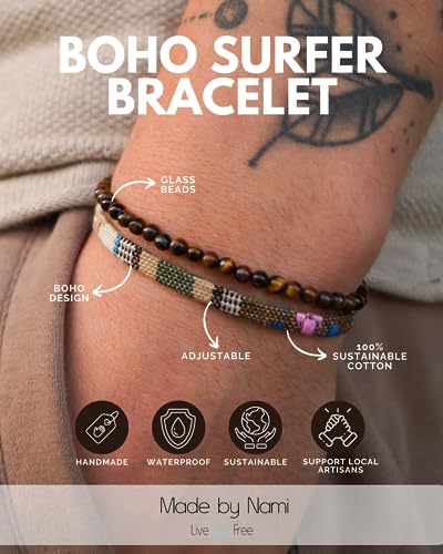 Made by Nami 2 Pcs Boho Surfer Bracelets for Men and Women Waterproof and Adjustable Beach Bracelets for Men and Women Set of 2 Beaded & Braided - color: Tiger-Eyes & Safari