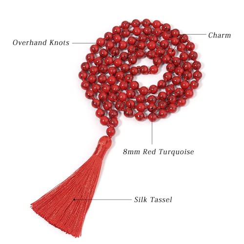 8MM Beads Chakra Long Mala Necklace Natural Stone Meditation Statement Necklace Japa Yoga Buddhist Rosary Prayer Charm Beaded Tassel Necklace - color: Red Turquoise