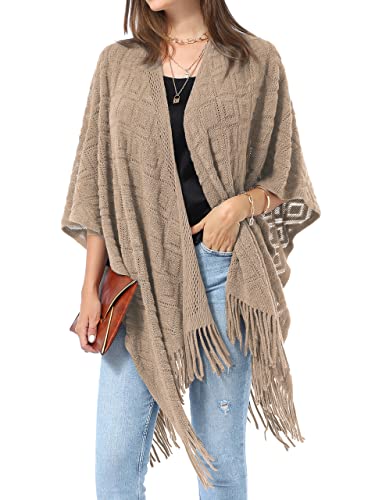 Soul Young Knit Shawl Wrap for Women Ladies Fringe Poncho Blanket Cardigan Cape - color: Z Rhombus Khaki