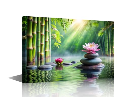 1 Piece Canvas Wall Art Zen Stones on Water Amidst Green Bamboo and Delicate Lotus Wall Painting for Living Room Bathroom Framed Stretched Ready to Hang(12x18 inch) - color: Artwork 18, size: 18x12 in
